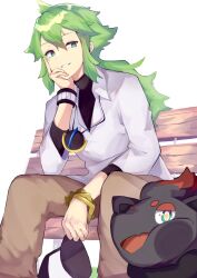 Rule 34 | 1boy, bangle, bench, bracelet, brown pants, collared shirt, commentary request, creatures (company), game freak, gen 5 pokemon, green hair, hand up, hat, head rest, highres, holding, holding clothes, holding hat, jewelry, long hair, looking down, makili wakw, male focus, n (pokemon), necklace, nintendo, pants, parted lips, pokemon, pokemon (creature), pokemon bw, shirt, sitting, smile, undershirt, unworn hat, unworn headwear, wristband, zorua