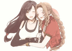 Rule 34 | 2girls, :d, ^ ^, aerith gainsborough, ancotsubu, arm hug, artist name, black gloves, brown hair, closed eyes, collarbone, elbow gloves, final fantasy, final fantasy vii, final fantasy vii remake, fingerless gloves, gloves, hair ribbon, highres, jacket, light brown hair, long hair, low-tied long hair, multiple girls, one eye closed, open mouth, parted bangs, pink ribbon, red jacket, ribbon, short sleeves, signature, smile, square enix, swept bangs, tifa lockhart, twitter username, upper body