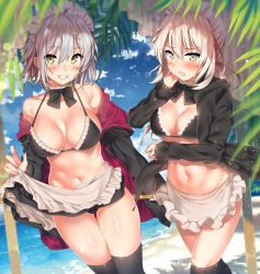 Rule 34 | 2girls, ahoge, apron, artoria pendragon (all), artoria pendragon (alter swimsuit rider) (second ascension) (fate), artoria pendragon (fate), beach, bikini, bikini top only, bikini under clothes, black bikini, black legwear, blonde hair, blue sky, blush, breasts, brown eyes, choker, cleavage, clothes lift, commentary request, day, fate/grand order, fate (series), frilled bikini, frills, grin, highres, hood, hoodie, jeanne d&#039;arc (fate), jeanne d&#039;arc (ruler) (fate), jeanne d&#039;arc alter (avenger) (fate), jeanne d&#039;arc alter (fate), kawai (purplrpouni), large breasts, lifted by self, looking at viewer, maid, maid bikini, maid headdress, medium breasts, multiple girls, navel, neck ribbon, ocean, open clothes, open hoodie, open shirt, outdoors, palm tree, parted lips, ponytail, ribbon, saber (fate), saber alter, sand, shirt, short hair, silver hair, skirt, skirt lift, sky, sleeves past wrists, smile, spiked hair, standing, swimsuit, thighhighs, thighs, tree, unconventional maid, waist apron, water, yellow eyes