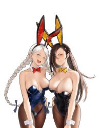 Rule 34 | 2girls, absurdres, ahoge, alternate costume, animal ears, bare shoulders, black pantyhose, blue eyes, blue panties, bow, bowtie, braid, breast press, breasts, brown eyes, brown hair, chinese zodiac, commission, commissioner upload, crystal earrings, detached collar, earrings, fire emblem, fire emblem fates, hair over one eye, highres, jewelry, kagero (fire emblem), lace, lace-trimmed panties, lace trim, large breasts, leotard, long hair, low twin braids, medium breasts, multiple girls, nina (fire emblem), nintendo, non-web source, open mouth, panties, pantyhose, parted bangs, playboy bunny, rabbit ears, red bow, red bowtie, shizuko hideyoshi, teeth, twin braids, underwear, upper teeth only, white background, white hair, wrist cuffs, year of the rabbit, yellow bow, yellow bowtie