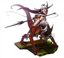 Rule 34 | 1girl, bikini, cape, crown, dragon, dragon girl, faux figurine, front-tie top, green eyes, horns, lance, monster girl, original, polearm, prototype-d, riding, side-tie bikini bottom, silver hair, simple background, solo, swimsuit, twintails, weapon, white background