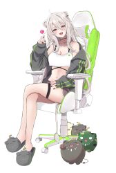 Rule 34 | 1girl, absurdres, ahoge, alternate costume, animal ears, black choker, black eyes, black jacket, black nails, blush, breasts, brown shorts, candy, chair, choker, cleavage, commentary, crop top, crossed legs, dolphin shorts, ear piercing, fangs, food, full body, gaming chair, grey hair, hair between eyes, highres, holding, holding candy, holding food, holding lollipop, hololive, jacket, lion ears, lion girl, lion tail, lollipop, long hair, looking at viewer, medium breasts, nail polish, nerorigogo, o-ring, o-ring choker, off shoulder, open clothes, open jacket, open mouth, piercing, shishiro botan, short shorts, shorts, sidelocks, simple background, sitting, slippers, smile, solo, ssrb (shishiro botan), swivel chair, tail, teeth, thigh strap, tongue, upper teeth only, virtual youtuber, white background