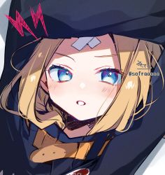 Rule 34 | 1girl, abigail williams (fate), abigail williams (traveling outfit) (fate), arms up, black jacket, blonde hair, blue eyes, blush, crossed bandaids, fate/grand order, fate (series), heroic spirit traveling outfit, highres, jacket, lightning bolt symbol, long hair, long sleeves, looking at viewer, official alternate costume, parted bangs, parted lips, shadow, signature, sofra, solo, twitter username, upper body, white background