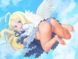 Rule 34 | 1girl, aethos, angel wings, ass, blonde hair, blue bow, blue eyes, bow, dress, feathered wings, filo (tate no yuusha no nariagari), frilled dress, frilled sleeves, frills, highres, long hair, looking at viewer, looking back, open mouth, panties, parted bangs, smile, tate no yuusha no nariagari, underwear, white dress, white wings, wide sleeves, wings