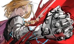 Rule 34 | 1boy, blonde hair, braid, clenched hand, drawing alpaca, edward elric, electricity, fullmetal alchemist, highres, long hair, looking at viewer, male focus, mechanical arms, parted lips, simple background, single mechanical arm, sketch, smile, solo, teeth, torn, torn clothes, white background, yellow eyes