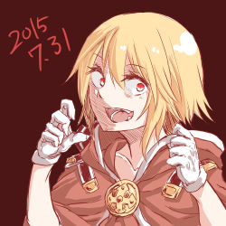 Rule 34 | 1girl, adapted costume, black background, blonde hair, cape, gloves, highres, open mouth, red eyes, rumia, short hair, solo, the maa, touhou