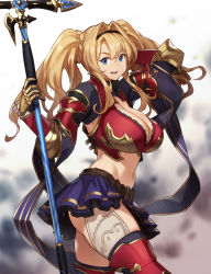 Rule 34 | 1girl, alternate breast size, armor, blonde hair, blue eyes, blue skirt, braid, breasts, cleavage, commentary request, gauntlets, granblue fantasy, hair intakes, hairband, highres, houtengeki, large breasts, long hair, looking at viewer, midriff, navel, open mouth, polearm, red armor, red legwear, shawl, sidelocks, skirt, smile, solo, spear, thighs, twintails, weapon, zeta (granblue fantasy)