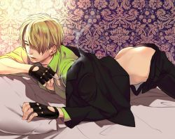 Rule 34 | 1boy, ass, bed, blonde hair, blush, cigarette, gloves, male focus, muscular, one piece, sanji (one piece), smoke, solo, tagme, undressing, yuu (1969loy)