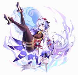 Rule 34 | ahoge, bare shoulders, bell, black legwear, blue gloves, blue hair, bow (weapon), breasts, chinese knot, detached sleeves, flower knot, ganyu (genshin impact), genshin impact, gloves, gold trim, hand on own chest, high heels, highres, holding, holding bow (weapon), holding weapon, horns, kyona (konakona), light smile, long hair, low ponytail, magic, medium breasts, neck bell, orb, purple eyes, qilin (mythology), red rope, rope, smile, solo, tassel, thighlet, very long hair, vision (genshin impact), waist cape, weapon, white background, white sleeves, wide sleeves