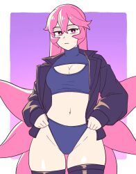 Rule 34 | 1girl, black jacket, black thighhighs, breasts, cleavage, cleavage cutout, clothing cutout, commentary, cowboy shot, english commentary, expressionless, groin, highres, jacket, long hair, medium breasts, midriff, navel, original, pink eyes, pink hair, rida (vibrantrida), sleeves past wrists, solo, thighhighs, turtleneck, very long hair, vibrantrida