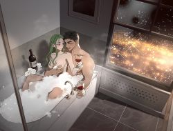 Rule 34 | 1boy, 1girl, alcohol, bathroom, bathtub, black eyes, blush, bosssama, bottle, breasts, brown hair, cityscape, completely nude, convenient censoring, copyright request, cup, drinking glass, eye contact, faucet, flower, grabbing, grabbing another&#039;s breast, green hair, hand on another&#039;s chest, hetero, highres, korean commentary, large breasts, light particles, long hair, looking at another, mixed-sex bathing, mole, mole on neck, muscular, muscular male, nude, red eyes, rose, shared bathing, short hair, smile, snowing, soap bubbles, white flower, white rose, window, wine, wine bottle, wine glass