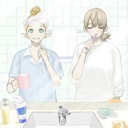 Rule 34 | 2girls, bad id, bad twitter id, blonde hair, brushing teeth, closed eyes, contemporary, cup, dungeon meshi, elf, falin touden, falin touden (tallman), frs2, green eyes, hair bun, highres, holding, holding cup, holding toothbrush, marcille donato, mirror, multiple girls, pointy ears, ponytail, reflection, shirt, single hair bun, sink, soap, sweater, tile wall, tiles, toothbrush, toothbrush in mouth, toothpaste, towel