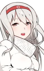 Rule 34 | 10s, 1girl, :o, bad id, bad twitter id, blush, breast hold, breasts, close-up, hairband, half-closed eyes, highres, kantai collection, long hair, long sleeves, looking at viewer, mitsudoue, open mouth, red eyes, round teeth, shoukaku (kancolle), simple background, solo, sweater, teeth, turtleneck, upper body, white background, white hair