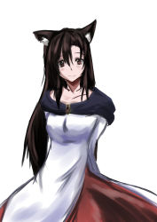 Rule 34 | 1girl, absurdres, animal ears, breasts, brown hair, collarbone, dress, highres, imaizumi kagerou, jewelry, jin taira, long hair, looking at viewer, red eyes, simple background, smile, solo, touhou, very long hair, white background, wolf ears