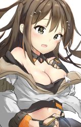 Rule 34 | 1girl, bad id, bad pixiv id, bare shoulders, blush, breasts, brown eyes, brown hair, cleavage, crop top, cursor, fingerless gloves, flustered, girls&#039; frontline, gloves, hair between eyes, hand on own chest, highres, jacket, k2 (girls&#039; frontline), long hair, medium breasts, midriff, navel, off shoulder, open mouth, partially fingerless gloves, pointer, side ponytail, sidelocks, simple background, skirt, solo, sweatdrop, tears, transparent background, white background, xiao dingdang nayo