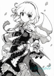 Rule 34 | 2girls, alice margatroid, bad id, bad pixiv id, blush, bow, capelet, closed mouth, frills, greyscale, hair bow, hairband, holding, holding weapon, lance, long hair, long sleeves, looking at viewer, monochrome, multiple girls, polearm, qqqrinkappp, sample watermark, shanghai doll, shoes, short hair, sidelocks, simple background, skirt, skirt set, smile, thighhighs, touhou, traditional media, watermark, weapon, white background