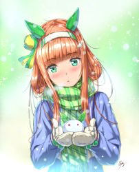 Rule 34 | 1girl, :o, animal ears, blunt bangs, blush, breath, commentary, enpera, gradient background, green background, green eyes, green scarf, hair ornament, hairclip, head tilt, headband, highres, horse ears, horse girl, kazeno, long scarf, long sleeves, looking at viewer, mittens, open mouth, orange hair, own hands together, scarf, sidelocks, signature, silence suzuka (umamusume), snow rabbit, snowing, solo, sparkle, striped clothes, striped scarf, umamusume, upper body