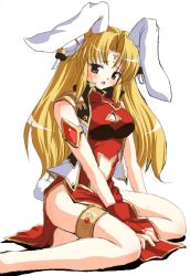 Rule 34 | 00s, 1girl, animal ears, bare legs, blonde hair, blush, bracelet, bridal gauntlets, brown eyes, cleavage cutout, clothing cutout, dress, facial mark, forehead mark, galaxy angel, gloves, hair ornament, hairclip, jewelry, long hair, looking at viewer, navel cutout, pelvic curtain, rabbit ears, rabbit tail, ranpha franboise, side slit, simple background, sitting, solo, sweat, tail, thighlet, white background, yokozuwari