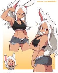 Rule 34 | 1girl, abs, alternate hairstyle, animal ears, ass, bare shoulders, black sports bra, boku no hero academia, breasts, chibi, closed mouth, cutoffs, dark-skinned female, dark skin, dashi (dashiart), english text, flexing, gradient background, grin, high ponytail, highres, large breasts, long hair, looking at viewer, mirko, multiple views, patreon username, rabbit ears, rabbit tail, red eyes, round teeth, short shorts, shorts, smile, sports bra, tail, teeth, thighs, twisted torso, upper teeth only, v-shaped eyebrows, watermark, web address, white hair