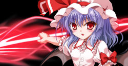 Rule 34 | 1girl, aura, bat wings, black background, blouse, blue hair, hat, polearm, red eyes, remilia scarlet, shirt, short hair, simple background, smile, solo, spear, spear the gungnir, touhou, weapon, wings, yamu (reverse noise)