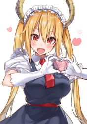 Rule 34 | 10s, 1girl, :d, blonde hair, blush, breasts, collared shirt, elbow gloves, fangs, gloves, hair between eyes, heart, heart hands, horns, kobayashi-san chi no maidragon, long hair, looking at viewer, maid, maid headdress, open mouth, puffy short sleeves, puffy sleeves, red eyes, shirako miso, shirt, short sleeves, simple background, slit pupils, smile, solo, tohru (maidragon), twintails, very long hair, white background, white gloves
