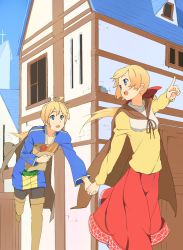 Rule 34 | 1boy, 1girl, alma beoulve, apple, bag, baguette, blonde hair, blue eyes, bread, brother and sister, cape, dress, final fantasy, final fantasy tactics, food, fruit, holding hands, hetero, izumi (ko8), long hair, looking back, open mouth, pointing, ponytail, ramza beoulve, red ribbon, ribbon, siblings, skirt, thighhighs