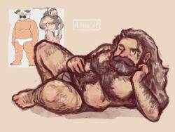 Rule 34 | 1boy, armpit hair, bara, beard, belly, briefs, brown hair, come hither, dungeon meshi, dwarf, elbow rest, facial hair, fake horns, fat, fat man, foot hair, full beard, hairy, hand hair, helmet, highres, horned helmet, horns, kingcupart, kui ryouko, looking at viewer, lying, male focus, male underwear, mature male, mustache, official alternate hairstyle, on side, one eye closed, pectorals, reference inset, senshi (dungeon meshi), solo, thick arm hair, thick beard, thick chest hair, thick leg hair, thick mustache, thick navel hair, topless male, underwear, very hairy