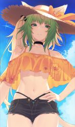 Rule 34 | 1girl, animal ears, atalanta (fate), bare shoulders, black choker, black shorts, blonde hair, cat ears, cat girl, cat tail, choker, closed mouth, fate/grand order, fate (series), floral print, green eyes, green hair, hand on own hip, hat, highres, hikichi sakuya, looking at viewer, multicolored hair, navel, off shoulder, short shorts, shorts, sky, smile, solo, straw hat, tail