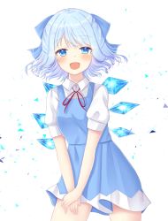Rule 34 | 1girl, :d, bad id, bad pixiv id, blue dress, blue eyes, blue hair, blush, cirno, commentary request, confetti, contrapposto, cowboy shot, dress, hair ribbon, hands on own leg, looking at viewer, nibosi, open mouth, own hands together, pinafore dress, puffy short sleeves, puffy sleeves, red neckwear, red ribbon, ribbon, shirt, short hair, short sleeves, sleeveless dress, smile, solo, standing, touhou, white background, white shirt, wings