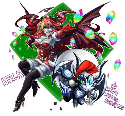 Rule 34 | 1girl, blue skin, boots, breasts, cleavage, colored skin, demon tail, dress, fangs, fishnets, full body, gloves, green eyes, halo, hera (p&amp;d), high heel boots, high heels, horns, itou youichi, large breasts, looking at viewer, metal dragon (p&amp;d), multicolored hair, outstretched arm, puzzle &amp; dragons, red hair, shoes, smile, tail, thigh boots, thighhighs, wings