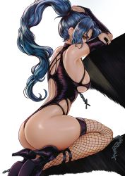 Rule 34 | 1girl, absurdres, ass, blue hair, breasts, bridal gauntlets, chain, commentary, commission, english commentary, final fantasy, final fantasy xiv, fishnet thighhighs, fishnets, high heels, highres, leotard, long hair, magion02, medium breasts, ponytail, purple footwear, seiza, sitting, skindentation, solo, thighhighs, warrior of light (ff14), white background