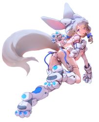 Rule 34 | 1girl, absurdres, animal ears, ass, blue bow, boots, bow, cable, curly hair, fake animal ears, fooang, full body, gloves, hair bow, highres, muloli, open mouth, original, simple background, solo, tail, white background