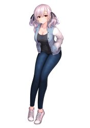 Rule 34 | 1girl, absurdres, alternate costume, bad id, bad pixiv id, black ribbon, black tank top, blue pants, breasts, casual, cleavage, collarbone, denim, full body, girls&#039; frontline, hair ribbon, hands in pockets, highres, jacket, jeans, kagi f, large breasts, long hair, long sleeves, looking at viewer, open clothes, open jacket, orange eyes, pants, pink footwear, raglan sleeves, ribbon, shoes, silver hair, simple background, smile, sneakers, solo, spas-12 (girls&#039; frontline), tank top, twintails, white background
