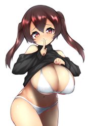 Rule 34 | 1girl, bare shoulders, bikini, breasts, brown eyes, brown hair, cleavage, clothes lift, clothing cutout, cowboy shot, finger to mouth, hair between eyes, happy, highres, huge breasts, leaning forward, lifted by self, long hair, long sleeves, looking at viewer, micro bikini, navel, oppai loli, original, raised eyebrows, shiny skin, shortstack, shoulder cutout, simple background, smile, solo, sweater, sweater lift, swimsuit, thighs, twintails, watari1118, white background, white bikini