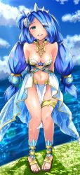 Rule 34 | 1girl, :d, absurdres, alternate costume, arms behind back, asymmetrical gloves, blue hair, blue sky, blue sleeves, breasts, cleavage, cloud, collarbone, dana (ys), day, detached sleeves, diadem, eyes visible through hair, falcom, full body, gloves, hair over one eye, highres, leaning forward, long hair, medium breasts, midriff, mussyu danachan, navel, ocean, open mouth, outdoors, single glove, sky, smile, solo, standing, stomach, strapless, thighlet, uneven gloves, very long hair, ys, ys viii lacrimosa of dana