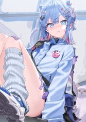 Rule 34 | + +, 1girl, bag, bandaid, bandaid on cheek, bandaid on face, black shorts, blue eyes, blue hair, blue jacket, blush, cat, cat tail, closed mouth, commentary request, fang, fang out, hair between eyes, hair ornament, hairclip, indie virtual youtuber, industrial pipe, jacket, kanzarin, kanzarin (vtuber), long sleeves, looking at viewer, loose socks, multicolored hair, pink hair, puffy long sleeves, puffy sleeves, rabbit hair ornament, ribbed legwear, shoe soles, shoes, short shorts, shorts, shoulder bag, smile, socks, solo, tail, two-tone hair, virtual youtuber, white cat, white footwear, white socks