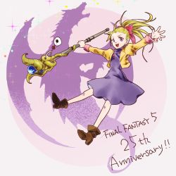 Rule 34 | 1girl, blonde hair, blue eyes, boots, dragon, dress, final fantasy, final fantasy v, full body, jewelry, krile mayer baldesion (ff5), long hair, looking at viewer, magnetic, open mouth, pointy ears, ponytail, purple eyes, smile, solo, staff, turtleneck, turtleneck dress, weapon