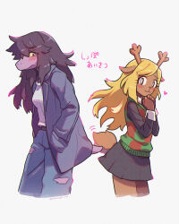 Rule 34 | 2girls, animal ears, animal nose, antlers, armlet, back-to-back, black shirt, black skirt, blonde hair, blue jacket, blush, bracelet, brown eyes, checkered clothes, checkered vest, colored sclera, colored skin, commentary request, cowboy shot, cropped legs, deer ears, deer girl, deer tail, deltarune, denim, dinosaur tail, from side, furry, furry female, green sweater vest, green vest, hair between eyes, hand in pocket, hands up, heart, highres, horns, jacket, jeans, jewelry, long hair, long sleeves, looking back, mayuzumi, motion lines, multiple girls, noelle holiday, open clothes, open jacket, own hands together, pants, pink skin, purple eyes, purple hair, shirt, signature, skirt, smile, snout, spiked armlet, spiked bracelet, spikes, standing, susie (deltarune), sweater vest, tail, tail wagging, torn clothes, torn jeans, torn pants, translated, vest, white background, white shirt, yellow sclera, yuri
