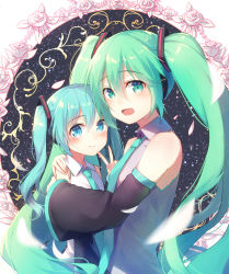 Rule 34 | 2girls, absurdres, alexmaster, aqua eyes, aqua hair, blush, detached sleeves, dual persona, green eyes, green hair, hatsune miku, headphones, highres, hug, long hair, looking at viewer, multiple girls, necktie, open mouth, simple background, smile, twintails, v, very long hair, vocaloid, aged down