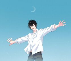 Rule 34 | 1boy, absurdres, black hair, blue background, blue sky, collared shirt, crescent moon, curly hair, given, highres, light particles, male focus, moon, murata ugetsu, open mouth, outdoors, outstretched arms, pants, pinoli (pinoli66), shirt, sky, smile, solo, spread arms, upper body, white shirt