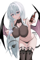 Rule 34 | 1girl, absurdres, bare shoulders, bikini, black thighhighs, blue eyes, bottle, breasts, cleavage, cleavage cutout, clothing cutout, coca-cola, covered erect nipples, demon girl, demon tail, demon wings, expressionless, highres, holding, holding bottle, large breasts, open mouth, original, side-tie bikini bottom, simple background, solo, swimsuit, tail, thighhighs, white background, white hair, whitehartlane13, wings