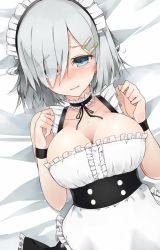 Rule 34 | 1girl, alternate costume, apron, bad id, bad pixiv id, black neckwear, blue eyes, blush, breasts, choker, cleavage, cole (coleltu), collarbone, enmaided, eyes visible through hair, frilled choker, frills, hair ornament, hair over one eye, hairclip, hamakaze (kancolle), kantai collection, large breasts, looking at viewer, maid, maid apron, maid headdress, short hair, silver hair, sleeveless, solo, upper body