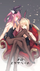 Rule 34 | 10s, 2girls, ahoge, armchair, bare shoulders, blonde hair, blue eyes, bow, breasts, brown legwear, chair, cleavage, crossed legs, elizabeth bathory (fate), elizabeth bathory (fate/extra ccc), facing away, fate/extra, fate/extra ccc, fate (series), gradient background, green eyes, hair bow, hair intakes, hand to own mouth, head tilt, high heels, horns, leotard, long hair, looking at another, looking at viewer, medium breasts, multiple girls, nero claudius (fate), nero claudius (fate) (all), nero claudius (fate/extra), nontraditional playboy bunny, pantyhose, pink hair, playboy bunny, pointy ears, ritsuki, short hair, sidelocks, simple background, sitting, small breasts, smelling hair, tail, two side up, yuri