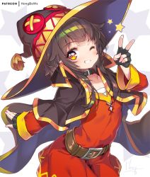 Rule 34 | 1girl, artist name, bandages, belt, blush, breasts, brown hair, cape, collar, collarbone, dress, fingerless gloves, gloves, grin, hat, hong (white spider), kono subarashii sekai ni shukufuku wo!, long hair, looking at viewer, megumin, one eye closed, open mouth, orange eyes, red dress, short hair with long locks, simple background, small breasts, smile, solo, star (symbol), v, white background, witch hat