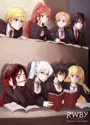 Rule 34 | 2boys, 6+girls, :o, ahoge, balancing, black hair, blake belladonna, blazer, blonde hair, blouse, blue eyes, blush stickers, bookmark, bow, cape, classroom, cloak, copyright name, cross, earrings, english text, forehead protector, frown, green eyes, grey eyes, grin, hair bow, head rest, high ponytail, highres, history, hood, hooded cloak, jacket, jaune arc, jewelry, kuma (bloodycolor), lie ren, long hair, multicolored hair, multiple boys, multiple girls, neck ribbon, necktie, nora valkyrie, official art, orange hair, pen, pencil as mustache, ponytail, purple eyes, pyrrha nikos, red cape, red hair, ribbon, ruby rose, rwby, scar, scar across eye, scar on face, school, school uniform, shirt, short hair, side ponytail, smile, sticky note, sweatdrop, textbook, two-tone hair, weiss schnee, white hair, white shirt, yang xiao long, yellow eyes