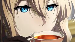 Rule 34 | 1girl, blue eyes, brown gloves, close-up, commentary request, cup, derivative work, drinking, gloves, hair between eyes, holding, holding cup, lips, solo, tea, violet evergarden, violet evergarden (series), yuuri-622