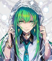 Rule 34 | 1other, bad id, bad pixiv id, black necktie, blue necktie, bracelet, choker, closed mouth, contemporary, earrings, enkidu (fate), expressionless, fate/grand order, fate/strange fake, fate (series), green eyes, green hair, hood, jewelry, long hair, looking at viewer, multicolored eyes, necktie, pokimari, shirt, solo, white background, white hood, white shirt, yellow eyes