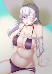 Rule 34 | 1girl, ;d, arm support, azur lane, bare shoulders, bikini, blush, breasts, choker, cleavage, collarbone, commentary request, cowboy shot, gradient background, grey hair, groin, hair between eyes, hat, highres, large breasts, large hat, long hair, looking at viewer, midriff, navel, one eye closed, open mouth, parted hair, ponytail, purple bikini, purple choker, purple eyes, reno (azur lane), reno (summer spin-off) (azur lane), shinonome halltro, sidelocks, sitting, skindentation, smile, solo, sun hat, swimsuit