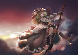 Rule 34 | 1girl, apron, black footwear, black gloves, black skirt, black vest, blonde hair, boots, braid, broom, broom riding, cloud, diandianzai, expressionless, frilled skirt, frills, gloves, gradient sky, hair between eyes, hat, hat ornament, hat ribbon, kirisame marisa, long hair, long sleeves, looking to the side, motion blur, outdoors, red lips, ribbon, single braid, sitting, skirt, sky, solo, star (sky), star (symbol), star hat ornament, touhou, twilight, vest, waist apron, witch hat, yellow eyes