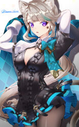 Rule 34 | 1girl, absurdres, amaneiru, animal ears, aqua bow, arms up, black dress, black pantyhose, bow, breasts, cat ears, cleavage, commentary, cowboy shot, dress, drop shadow, facial mark, genshin impact, grey hair, highres, juliet sleeves, long hair, long sleeves, looking at viewer, lynette (genshin impact), medium breasts, microdress, pantyhose, parted lips, puffy sleeves, purple eyes, shrug (clothing), simple background, solo, standing, star (symbol), thighs, very long hair, white background